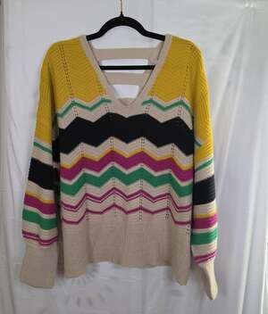 FCT With Love Sweater V Neck Open Back Colorful zig-zag stripes Size 3X